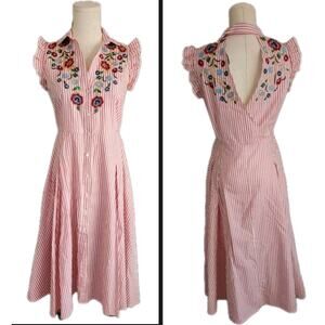 Zara Striped Poplin Midi Shirt Dress with Embroidered Flowers Size Small